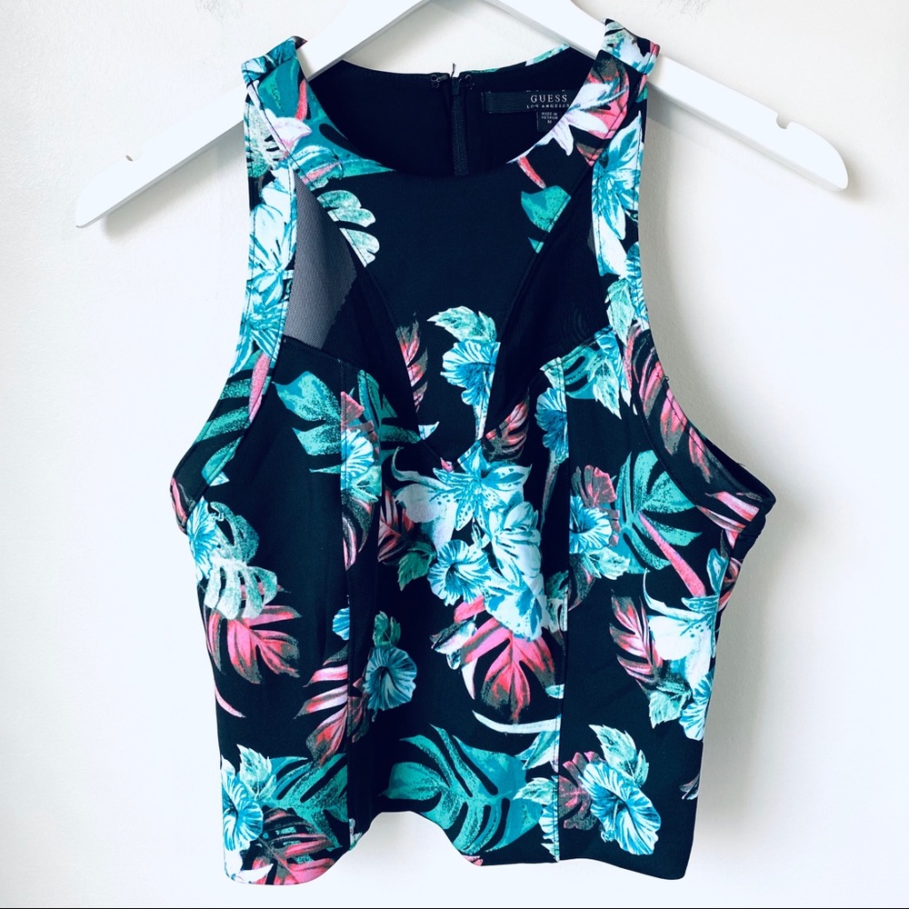 Guess Floral Mesh Stretch Fitted Crop Tank